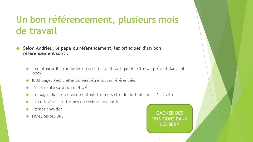 Un bon référencement, plusieurs mois de travail Selon Andrieu, le pape du référencement, les