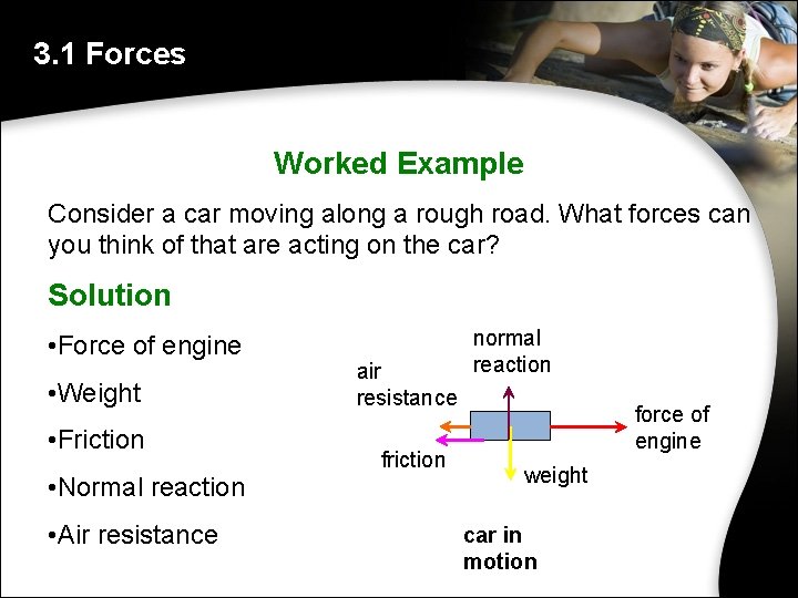 3. 1 Forces Worked Example Consider a car moving along a rough road. What