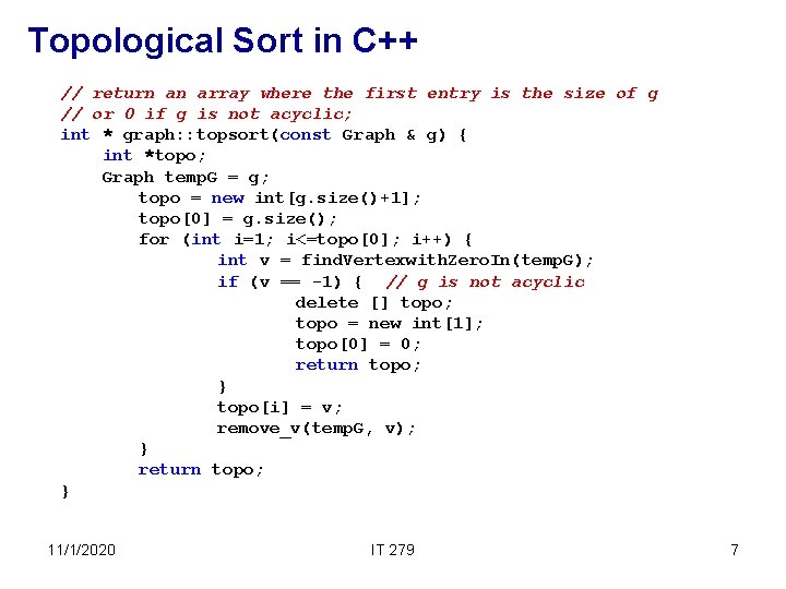 Topological Sort in C++ // return an array where the first entry is the