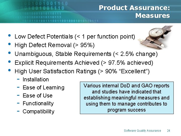 Product Assurance: Measures • • • Low Defect Potentials (< 1 per function point) Product Assurance: Measures • • • Low Defect Potentials (< 1 per function point)