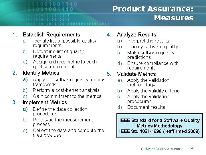 Product Assurance: Measures 1. Establish Requirements a) b) c) 2. 3. 4. Identify list Product Assurance: Measures 1. Establish Requirements a) b) c) 2. 3. 4. Identify list
