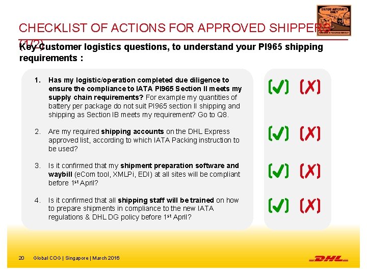 CHECKLIST OF ACTIONS FOR APPROVED SHIPPERS (1/2) Key Customer logistics questions, to understand your