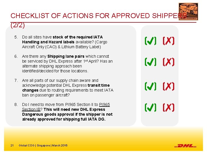 CHECKLIST OF ACTIONS FOR APPROVED SHIPPERS (2/2) 21 5. Do all sites have stock