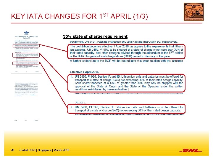 KEY IATA CHANGES FOR 1 ST APRIL (1/3) 30% state of charge requirement 26