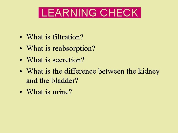 LEARNING CHECK • • What is filtration? What is reabsorption? What is secretion? What LEARNING CHECK • • What is filtration? What is reabsorption? What is secretion? What