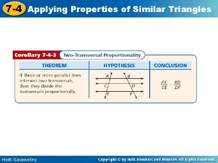 7 -4 Applying Properties of Similar Triangles Holt Geometry 