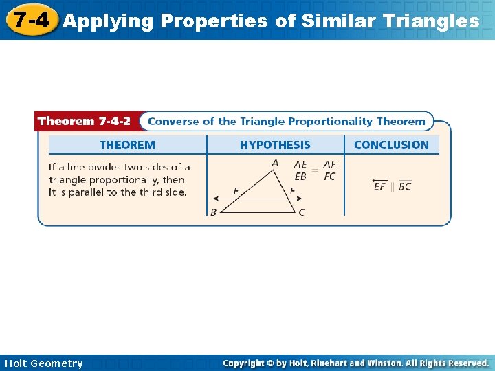 7 -4 Applying Properties of Similar Triangles Holt Geometry 