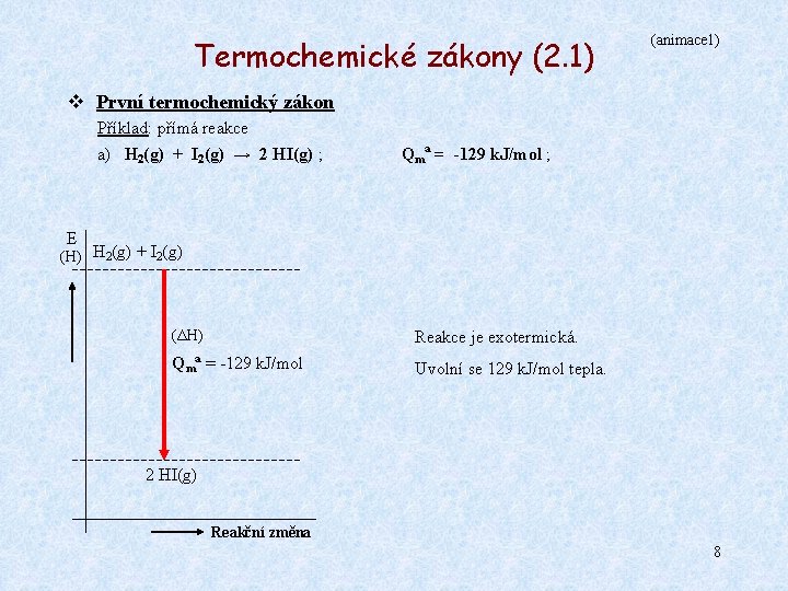 Termochemické zákony (2. 1) (animace 1) v První termochemický zákon Příklad: přímá reakce a)