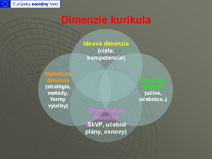 Dimenzie kurikula Ideová dimenzia (ciele, kompetencie) Metodická dimenzia (stratégie, metódy, formy výučby) Obsahová dimenzia