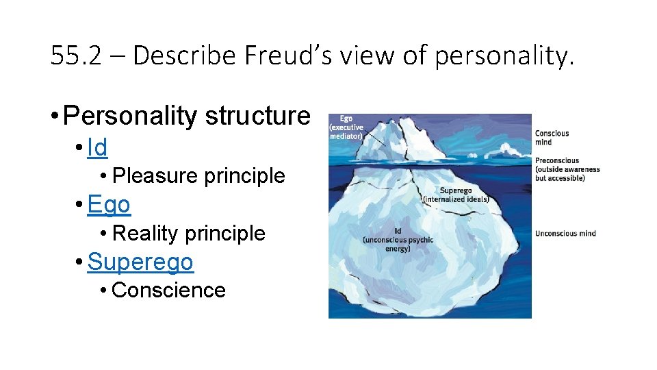 55. 2 – Describe Freud’s view of personality. • Personality structure • Id •