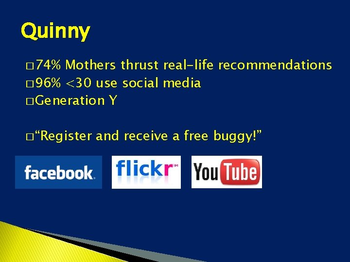 Quinny � 74% Mothers thrust real-life recommendations � 96% <30 use social media �