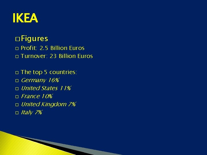 IKEA � Figures � � � Profit: 2. 5 Billion Euros Turnover: 23 Billion