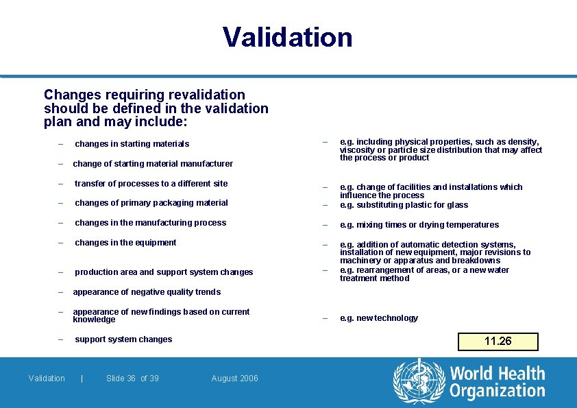 Validation Changes requiring revalidation should be defined in the validation plan and may include: Validation Changes requiring revalidation should be defined in the validation plan and may include: