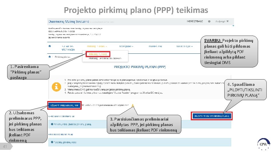 Projekto pirkimų plano (PPP) teikimas SVARBU: Projekto pirkimų planas gali būti pildomas įkeliant užpildytą