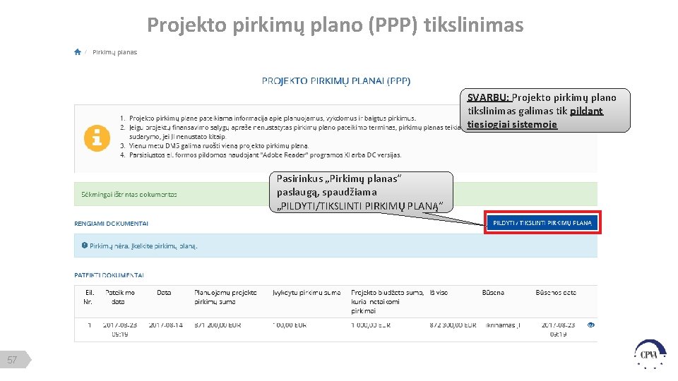 Projekto pirkimų plano (PPP) tikslinimas SVARBU: Projekto pirkimų plano tikslinimas galimas tik pildant tiesiogiai