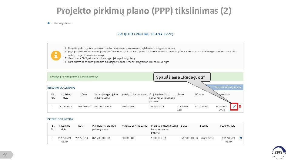 Projekto pirkimų plano (PPP) tikslinimas (2) Spaudžiama „Redaguoti“ 58 