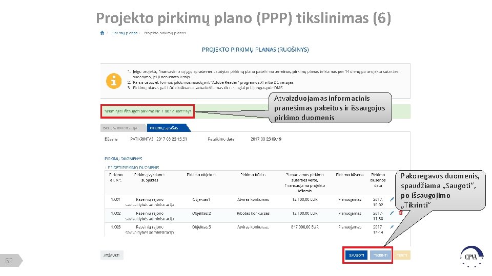 Projekto pirkimų plano (PPP) tikslinimas (6) Atvaizduojamas informacinis pranešimas pakeitus ir išsaugojus pirkimo duomenis