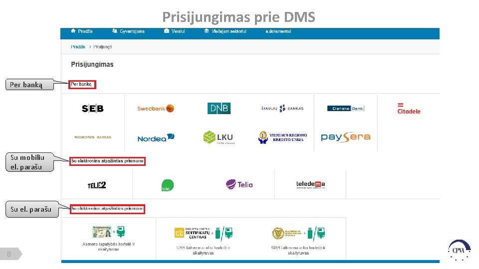 Prisijungimas prie DMS Per banką Su mobiliu el. parašu Su el. parašu 8 