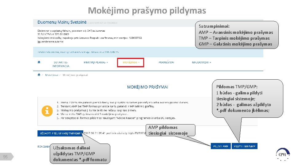 Mokėjimo prašymo pildymas Sutrumpinimai: AMP – Avansinis mokėjimo prašymas TMP – Tarpinis mokėjimo prašymas