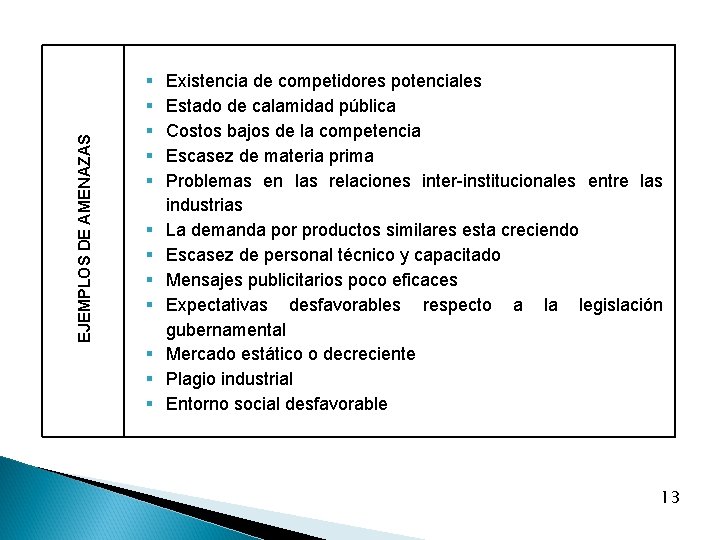 EJEMPLOS DE AMENAZAS § § § Existencia de competidores potenciales Estado de calamidad pública