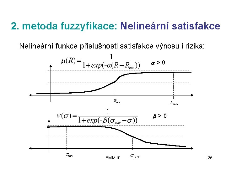 2. metoda fuzzyfikace: Nelineární satisfakce Nelineární funkce příslušnosti satisfakce výnosu i rizika: >0 Rmin