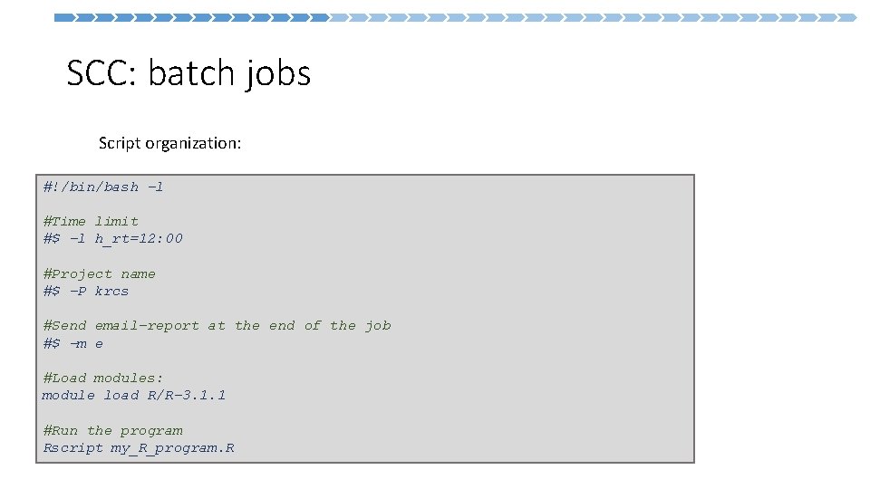  SCC: batch jobs Script organization: #!/bin/bash -l #Time limit #$ -l h_rt=12: 00