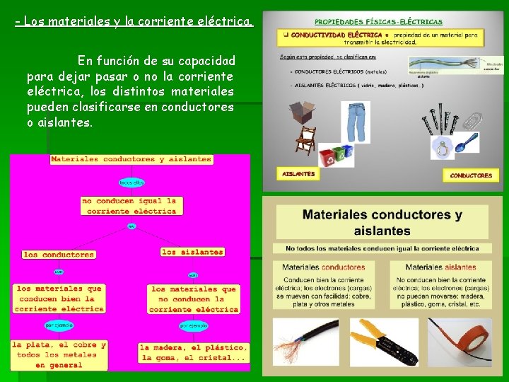 - Los materiales y la corriente eléctrica. En función de su capacidad para dejar