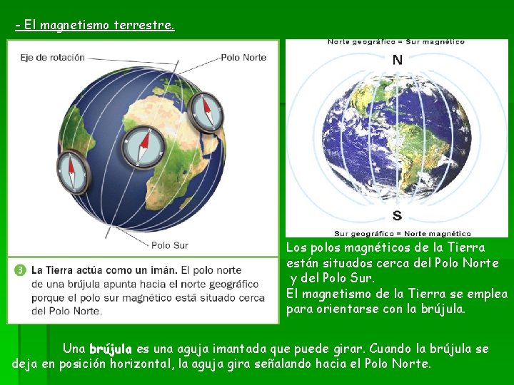 - El magnetismo terrestre. Los polos magnéticos de la Tierra están situados cerca del