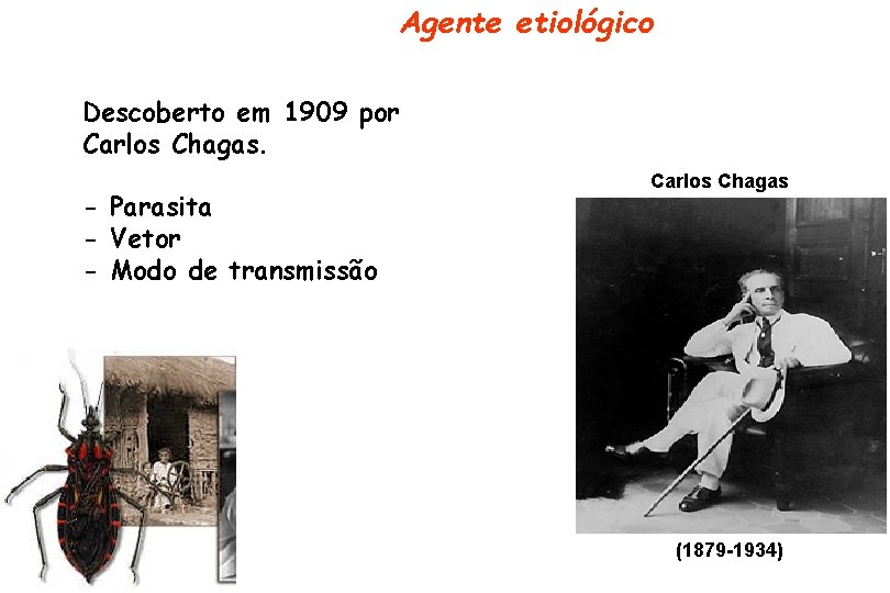 Agente etiológico Descoberto em 1909 por Carlos Chagas. - Parasita - Vetor - Modo Agente etiológico Descoberto em 1909 por Carlos Chagas. - Parasita - Vetor - Modo