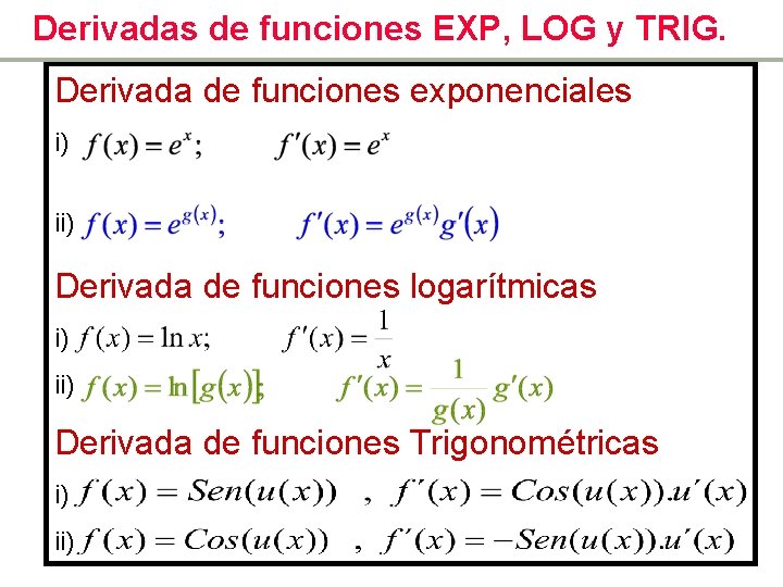 Derivadas de funciones EXP, LOG y TRIG. Derivada de funciones exponenciales i) ii) Derivada