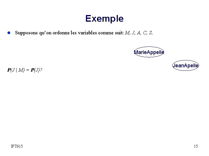 Exemple l Supposons qu’on ordonne les variables comme suit: M, J, A, C, S.