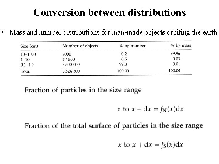 Conversion between distributions • Mass and number distributions for man-made objects orbiting the earth Conversion between distributions • Mass and number distributions for man-made objects orbiting the earth