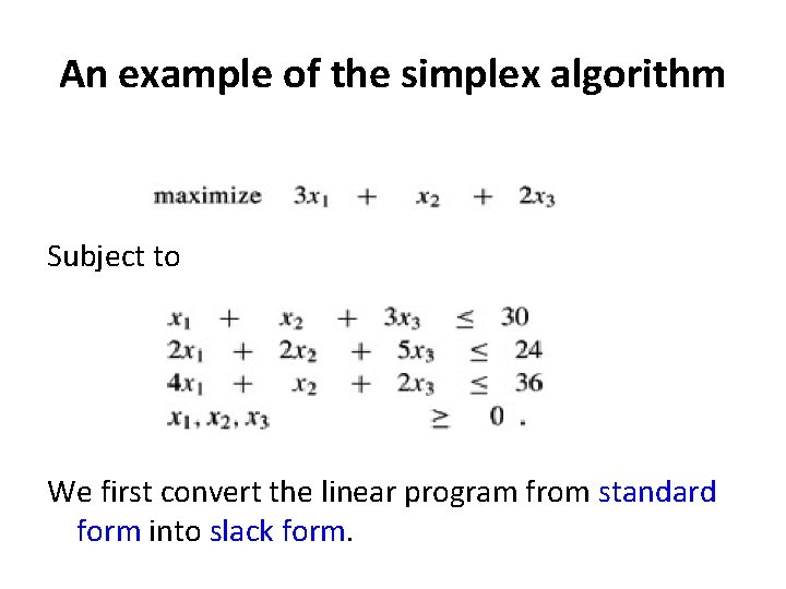 An example of the simplex algorithm Subject to We first convert the linear program