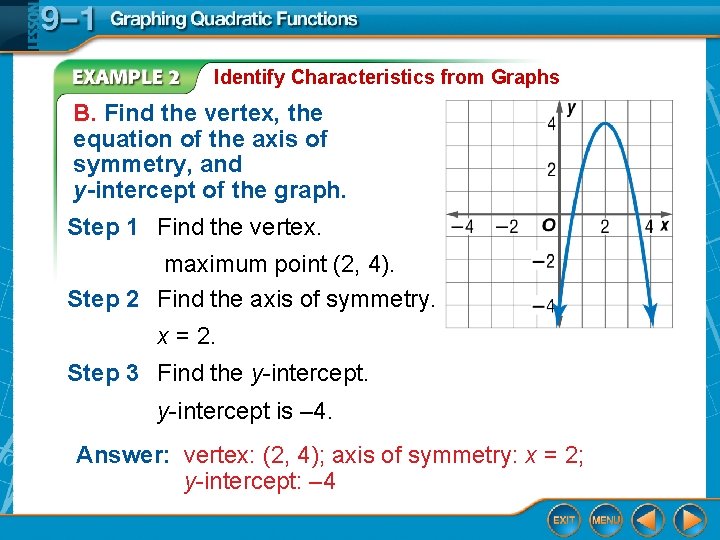 Identify Characteristics from Graphs B. Find the vertex, the equation of the axis of