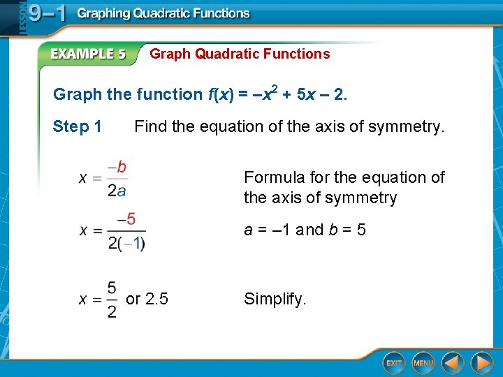 Graph Quadratic Functions Graph the function f(x) = –x 2 + 5 x –