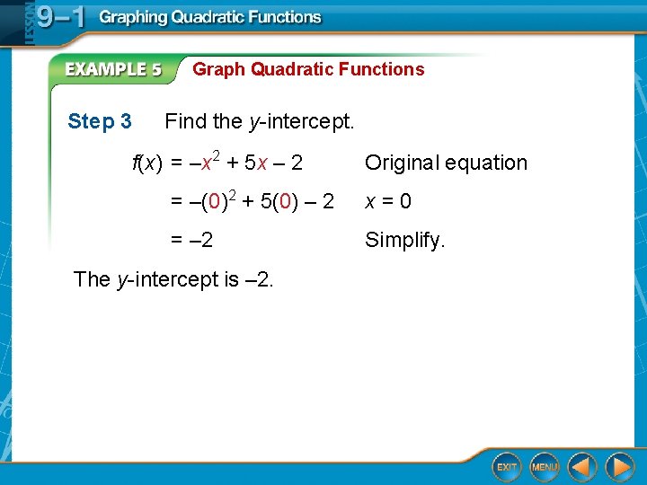 Graph Quadratic Functions Step 3 Find the y-intercept. f(x) = –x 2 + 5