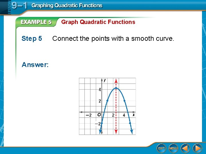 Graph Quadratic Functions Step 5 Answer: Connect the points with a smooth curve. 