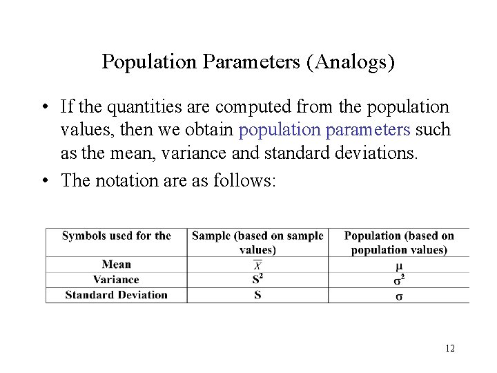 Population Parameters (Analogs) • If the quantities are computed from the population values, then