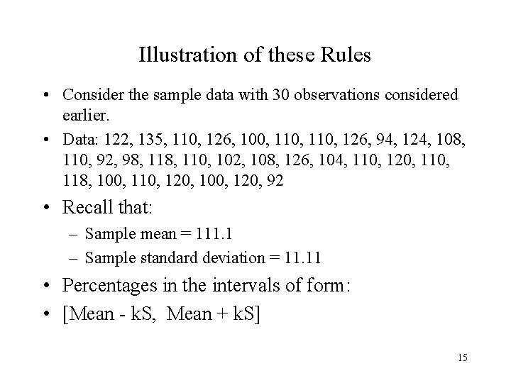 Illustration of these Rules • Consider the sample data with 30 observations considered earlier.