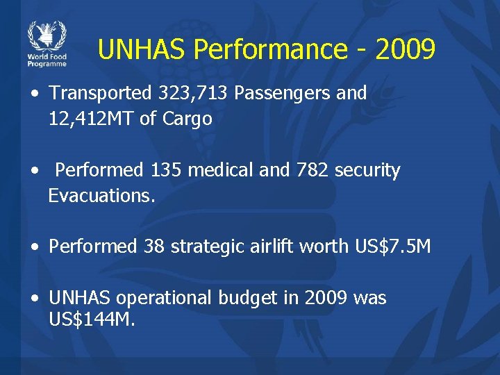 UNHAS Performance - 2009 • Transported 323, 713 Passengers and 12, 412 MT of