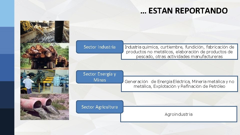 … ESTAN REPORTANDO Sector Industria Sector Energía y Minas Industria química, curtiembre, fundición, fabricación … ESTAN REPORTANDO Sector Industria Sector Energía y Minas Industria química, curtiembre, fundición, fabricación