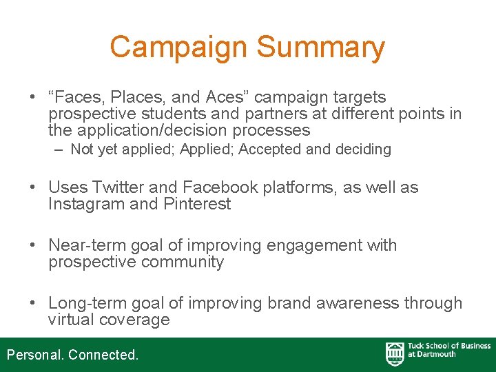 Campaign Summary • “Faces, Places, and Aces” campaign targets prospective students and partners at