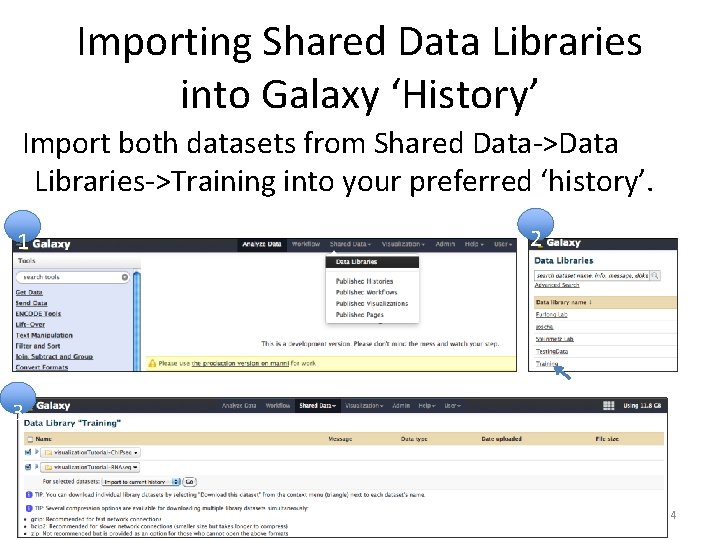 Importing Shared Data Libraries into Galaxy ‘History’ Import both datasets from Shared Data->Data Libraries->Training Importing Shared Data Libraries into Galaxy ‘History’ Import both datasets from Shared Data->Data Libraries->Training