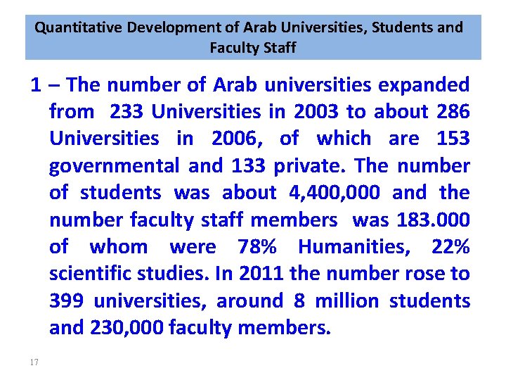 Quantitative Development of Arab Universities, Students and Faculty Staff 1 – The number of