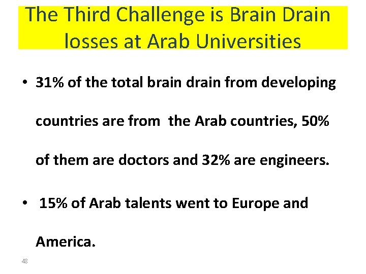 The Third Challenge is Brain Drain losses at Arab Universities • 31% of the