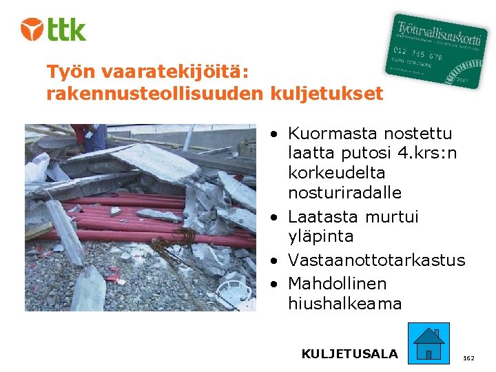 Työn vaaratekijöitä: rakennusteollisuuden kuljetukset • Kuormasta nostettu laatta putosi 4. krs: n korkeudelta nosturiradalle