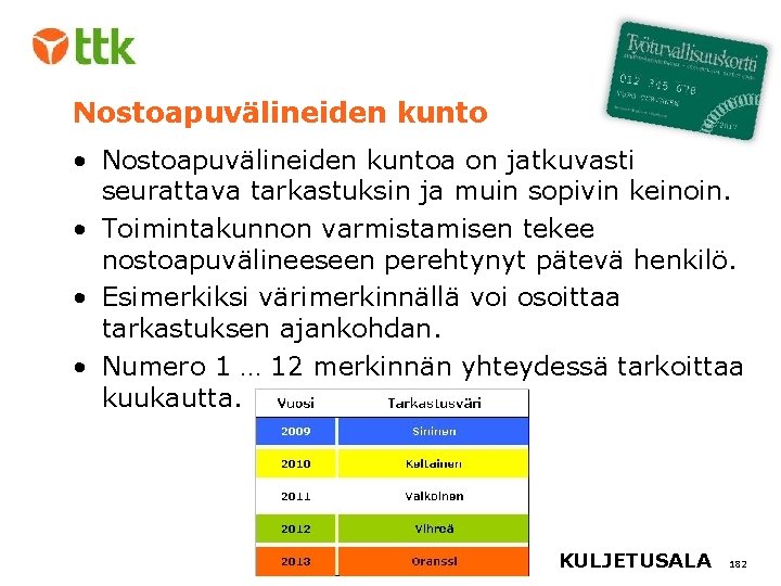 Nostoapuvälineiden kunto • Nostoapuvälineiden kuntoa on jatkuvasti seurattava tarkastuksin ja muin sopivin keinoin. •