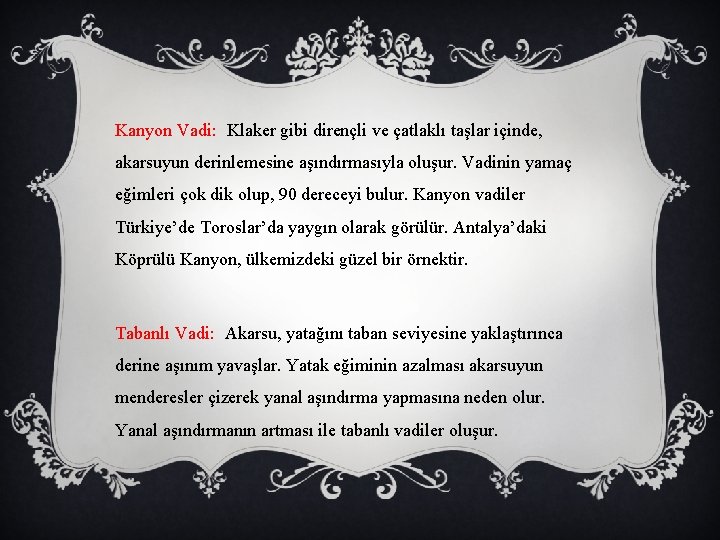 Kanyon Vadi: Klaker gibi dirençli ve çatlaklı taşlar içinde, akarsuyun derinlemesine aşındırmasıyla oluşur. Vadinin