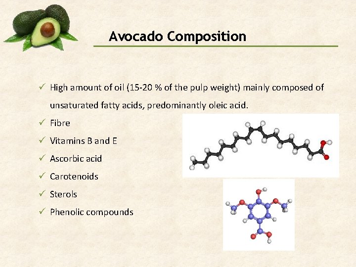 Avocado Composition ü High amount of oil (15 -20 % of the pulp weight)