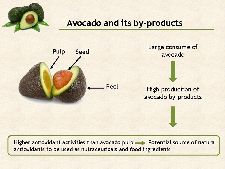 Avocado and its by-products Pulp Large consume of avocado Seed Peel High production of